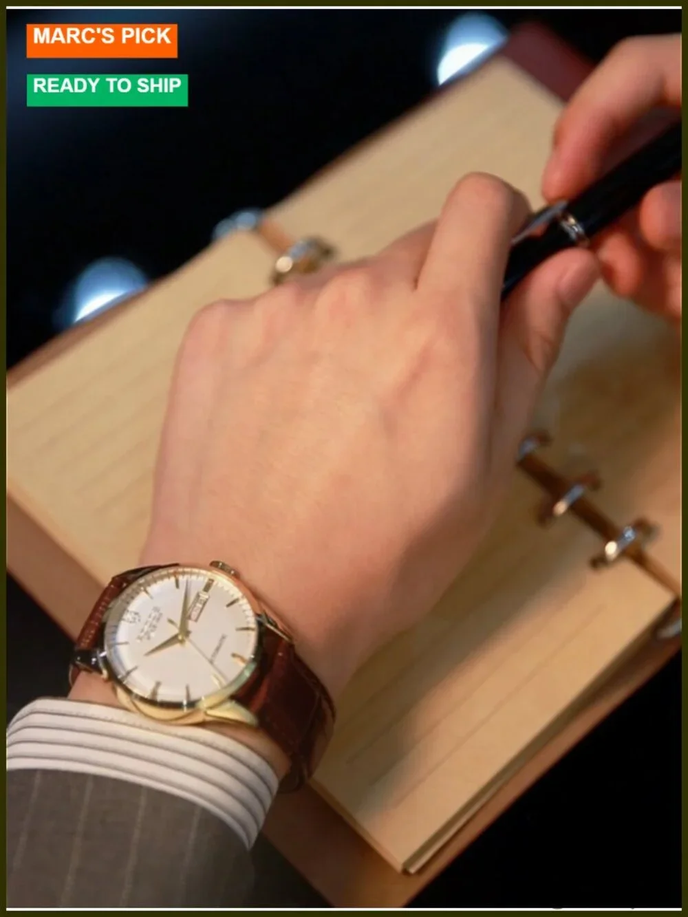 Men's Automatic Mechanical Watch Golden Luxury Classic Retro Day-Date Brown